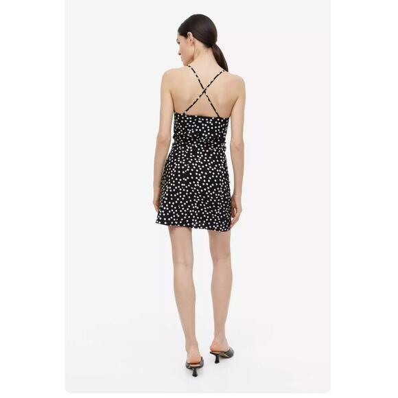 H&M Black and White Draped Polka Dot Square Neck Mini Casual Fitted Dress - Picture 2 of 9